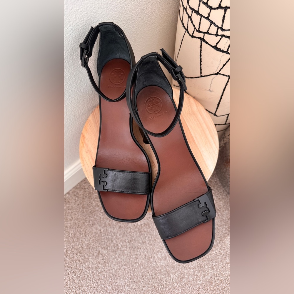 Tory Burch Black Leather Ankle-Strap Block Heel Sandals - Size 8